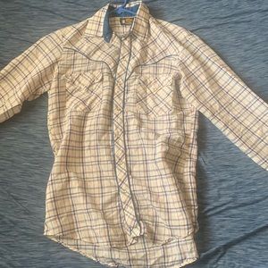 Kenny Rogers Edition plaid shirt. Pearl Snap. Fits comfortably about a medium.